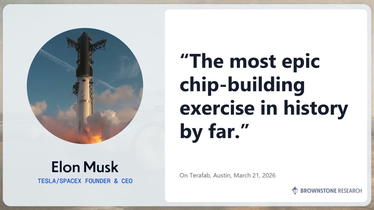Elon Musk quote card: The most epic chip-building exercise in history by far. On Terafab, Austin, March 21, 2026