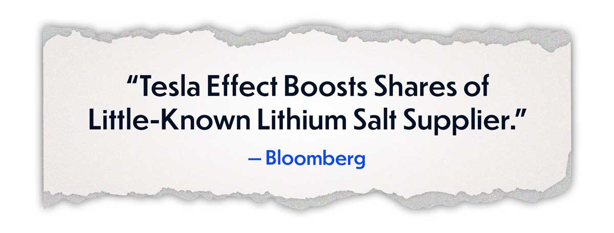 Tesla Effect Boosts Shares of Little-Known Lithium Salt Supplier — Bloomberg