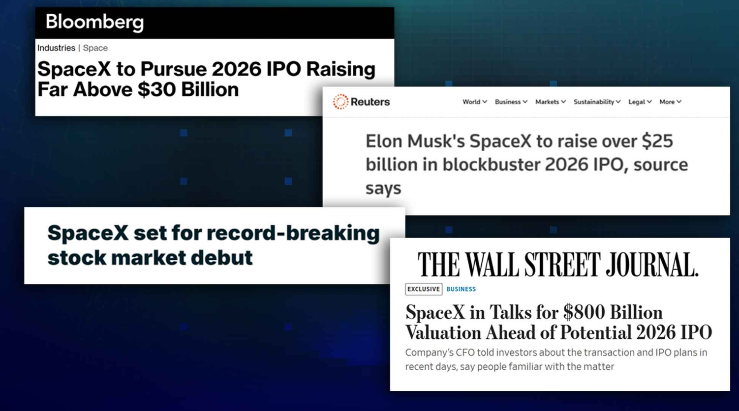 Bloomberg, Reuters, Wall Street Journal, and more are all covering the SpaceX IPO